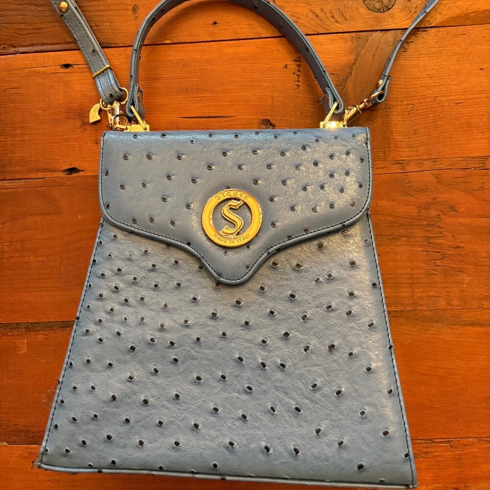 BLUE FAUX OSTRICH TEXTURED STAUER STRUCTURED BAG ITALIAN VEGAN LEATHER, NWOT